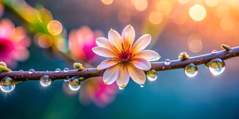 Canvas Print - Close-up shot of a flower on a branch with dew drops, set against a blurred background