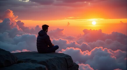 A man is sitting on a rock overlooking a beautiful sunset