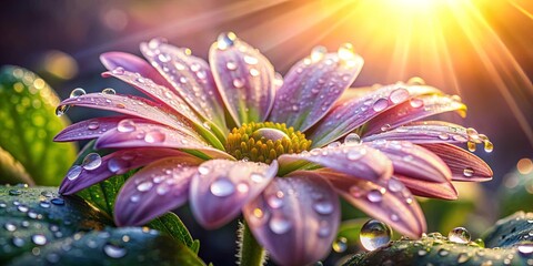 Poster - A close-up shot of a flower with glistening water droplets on leaves below, bathed in sunlight