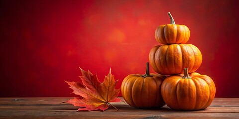 Wall Mural - Three pumpkins stacked on red surface with maple leaf in foreground