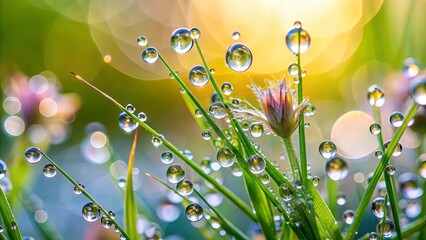 Wall Mural - Close-up of droplets on plant with blurred grass and flowers background