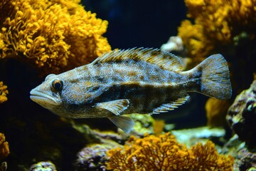 A Spotted Fish Swimming Through Yellow Coral in an Aquarium