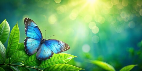 Wall Mural - Blue butterfly perched on green leaf with hazy sky and foliage backdrop