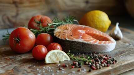 Salmon steak with veggies and seasoning on wooden surface Kitchen preparation Food backdrop