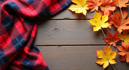 Sticker - autumn leaves on wooden background