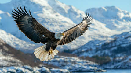 A majestic eagle soaring high above snow-capped mountains, with its wings spread wide