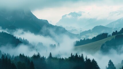 Scenic mountain view in fog and clouds