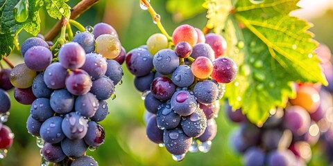 Wall Mural - Close-up shot of dew-covered grapes on vine