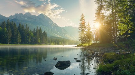 Wall Mural - Scenic Summer Views Mountain Lake in Sunlight