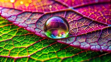 Wall Mural - A close-up shot of a dewdrop on a vibrant leaf, surrounded by tiny droplets