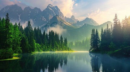 Wall Mural - Scenic View of Mountains Forest and River