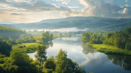 Scenic view with river forest and sky