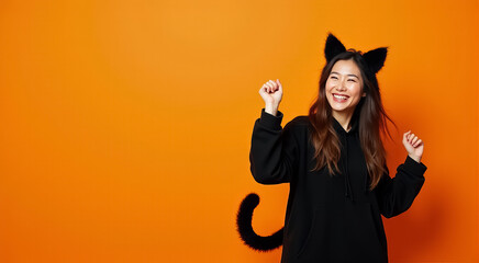 Canvas Print - Young woman wearing a fluffy cat hat and orange shirt smiles joyfully against a vibrant orange background during a playful moment