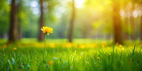 Wall Mural - Solitary yellow flower amidst lush green grass with trees in the background