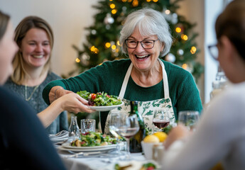 Canvas Print - Three people at the dining table, with grey hair and glasses smiling while having dinner in front of Christmas tree in their home