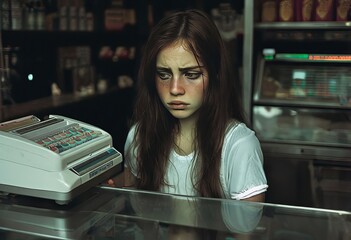 young woman with a cash register sorrowful