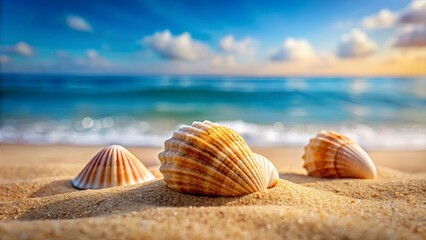 Wall Mural - Three seashells on sandy beach with blurred ocean background