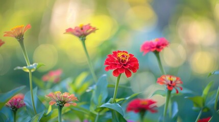 Wall Mural - Selective focus on beautiful red zinnia flowers in the garden