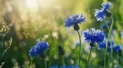 Wall Mural - Selective focus on cornflowers with plant background