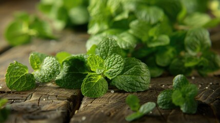 Wall Mural - Selective focus on green mint leaves on a wooden table close up shot