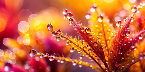 Wall Mural - Close-up of a plant with water droplets on it, with a blurred background in red, yellow, and purple hues