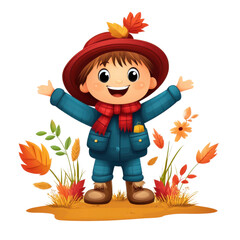 Wall Mural - Happy Boy in Autumn Clothing with Leaves and Flowers