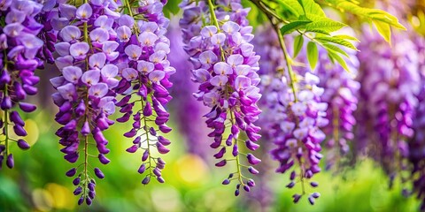 Wall Mural - Clusters of vibrant purple wisteria blooms hanging from lush green foliage above