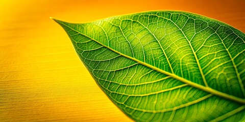 Wall Mural - Close-up image of a vibrant green leaf set against a bright yellow background