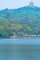 Wall Mural - Guangzhou Park Lakeside Mountain Forest with Chinese Architecture Pavilion