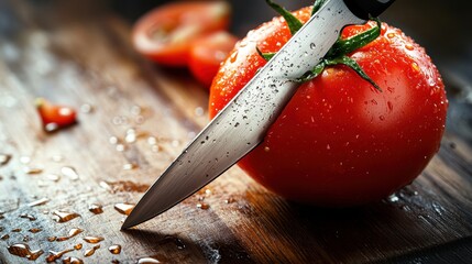 Sticker - Fresh Tomato with Knife on Wooden Cutting Board