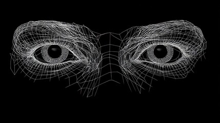 Wall Mural - a pair of realistic eyes are rendered as a wireframe mesh on a black background.