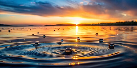 Wall Mural - Close-up shot of water droplets on the surface of a lake during sunset