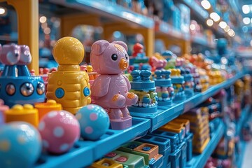 Close-up of colorful plastic toy figures neatly arranged on store shelves, showcasing a vibrant and playful variety of children's toys.