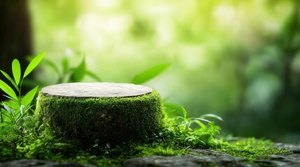 Canvas Print - Green Mossy Tree Stump in Forest.