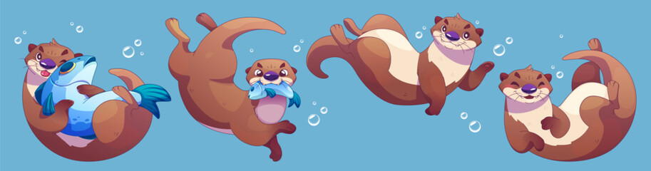 Wall Mural - Cute otter character underwater sea illustration. Funny and happy weasel swimming in ocean isolated graphic design. Cheerful ferret drawing with fish asset collection. Waving animal mascot set