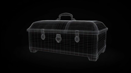 Poster - A wireframe rendering of an antique chest with a handle and hinges against a black background.