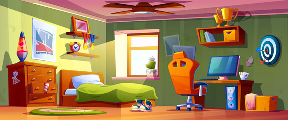 Boy teenage room interior. Teen bedroom cartoon background. Study furniture for child in house. Indoor darts and workspace near window in apartment. Young gamer home design with shelf and computer