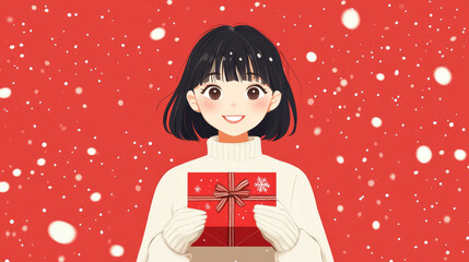 Wall Mural - anime girl with short black hair holding out present box, red background, anime aesthetic, cute and dreamy, kawaii, flat illustration