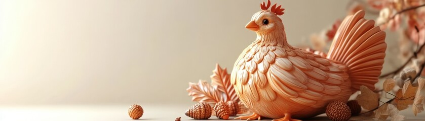 Warm-colored ceramic turkey, with leaf and acorn decorations, cute minimal Thanksgiving decor, 3D Blender style, isolated background