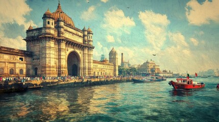 Wall Mural - The Gateway of India in Mumbai with tourists and boats on a bright, sunny day.