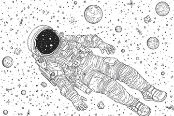 Coloring page of an astronaut floating in space