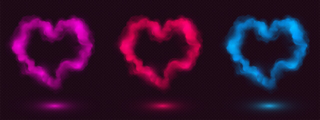 Wall Mural - neon smoke hearts set isolated on transparent background. vector realistic illustration of neon red,