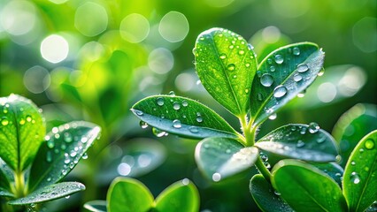 Wall Mural - Close-up of a green plant with dewdrops on its leaves, softly blurred backdrop