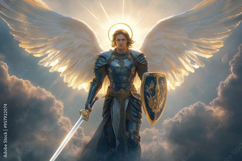 Archangel Michael flying with sword and shield in the sky Stock Photo ...