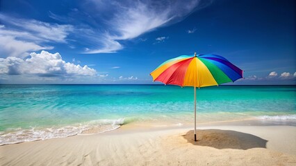 Poster - Colorful beach umbrella overlooking crystal clear ocean on a sunny day