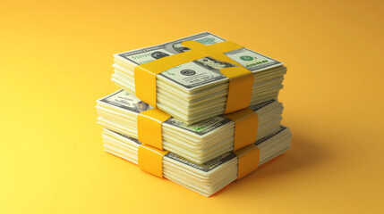 A 3D rendering of a bundle of money icon set against a clean, minimalist background. The design features a cartoon-style representation of the money bundle, with simple yet bold lines and a vibrant co