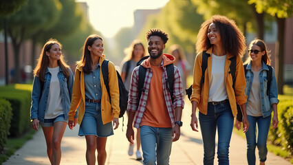 Students walking together on a sunny campus during a vibrant afternoon, enjoying their college life with backpacks slung over shoulders