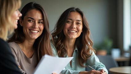 Two women smiling during a collaborative workshop in a bright, modern classroom with engaged participants in the background