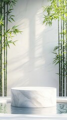 Wall Mural - Minimalist Zen Garden with Marble Podium and Bamboo.