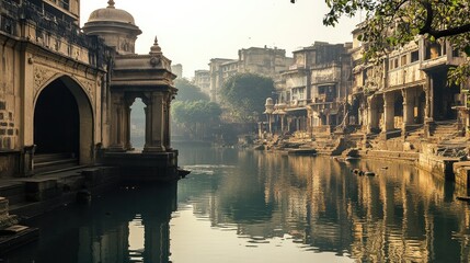 Wall Mural - The serene Banganga Tank in Mumbai, surrounded by ancient temples and old stone buildings.